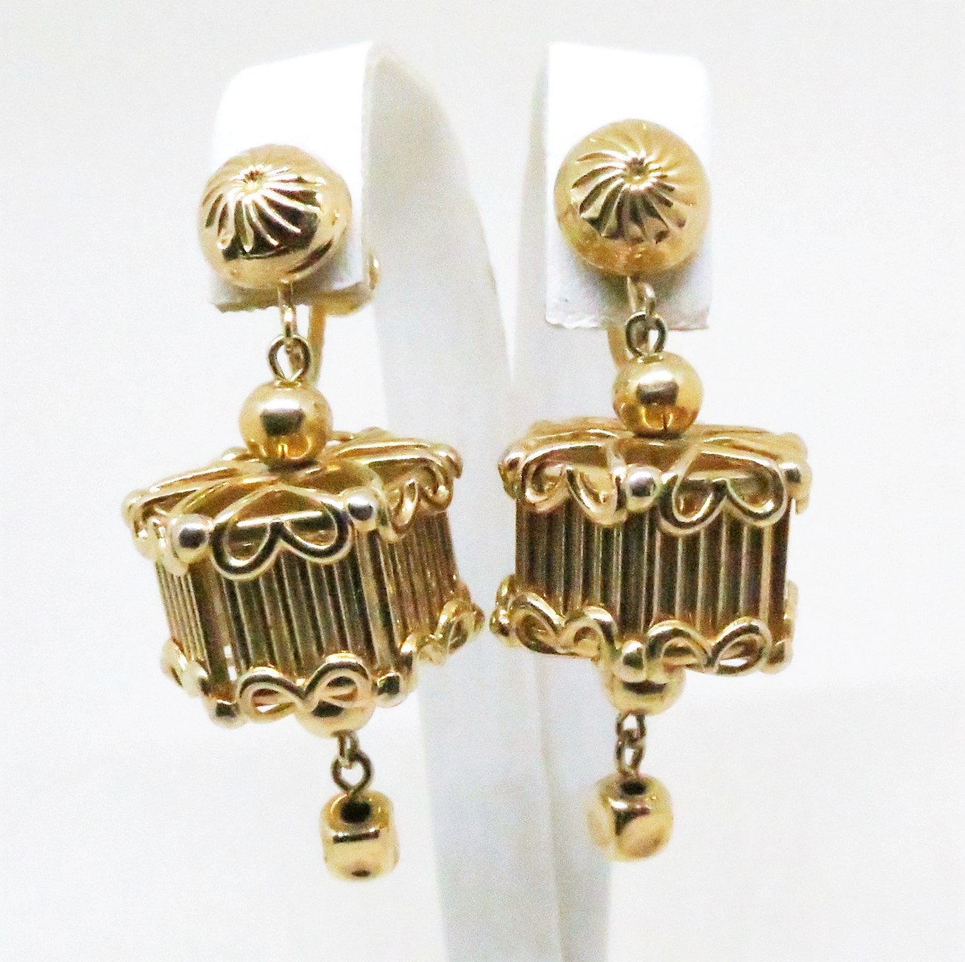 Cage Earrings Vintage Gold Tone Cage Dangles Screw Back