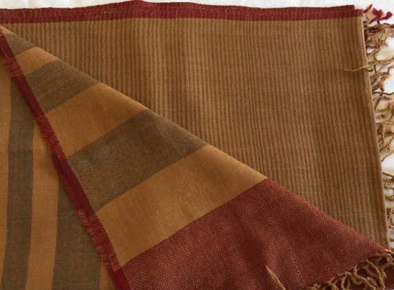 Pure sheep wool scarf stole shawl wrap woven in mustard yellow with darker striped weave all over bordered with broad stripes in red & gray
