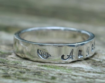 Baby Loss Infant Loss Memorial Personalised Sterling Silver Ring Jewellery Jewelry Angel Wing Pregnancy Mothers Mum Miscarriage Hand stamped