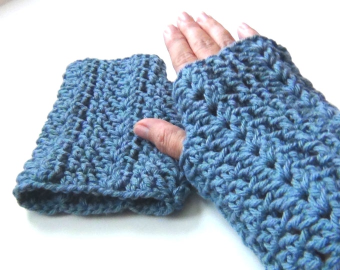 Crocheted Cadet Blue Fingerless Gloves, Hand Warmers, Driving Gloves, Shell Stitch Texting Gloves, Gray Blue Fingerless Mittens