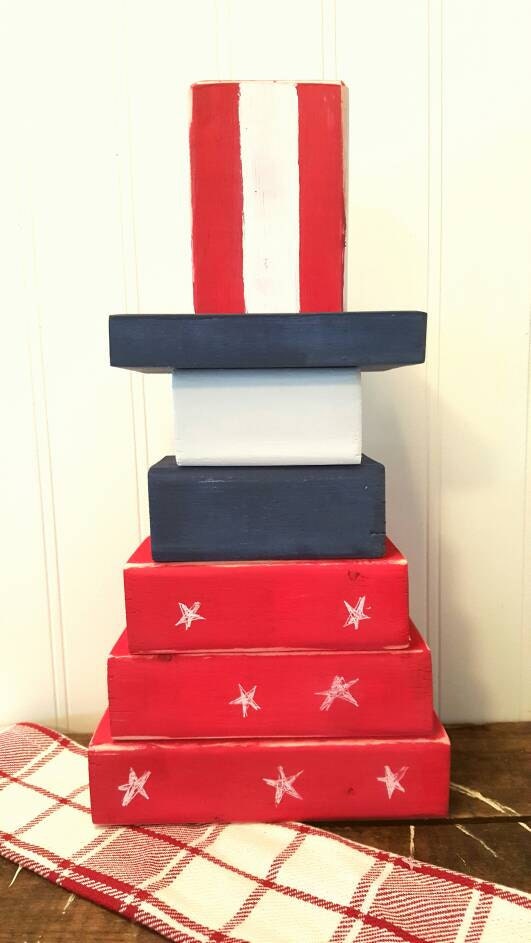 4th of July decor, Wooden Uncle Sam blocks, Red white and blue, Independence day, Fireworks, Summer porch, Holiday decor, Stackable Sam, USA