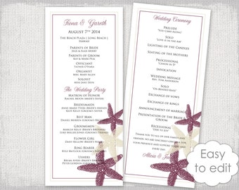 Beach Wedding program template Starfish wedding