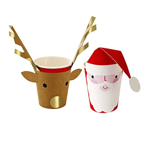 8 Christmas Paper Cups, Meri Meri Santa and Rudolph Party Cups, Xmas Drink Cups, Holiday Paper Cups, Reindeer Decorations for Children