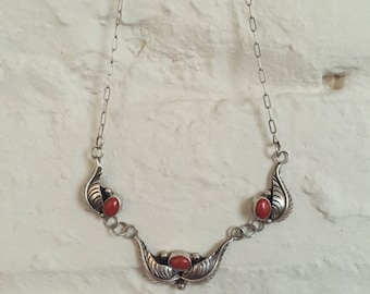 Vintage Native American Sterling Silver Coral Necklace