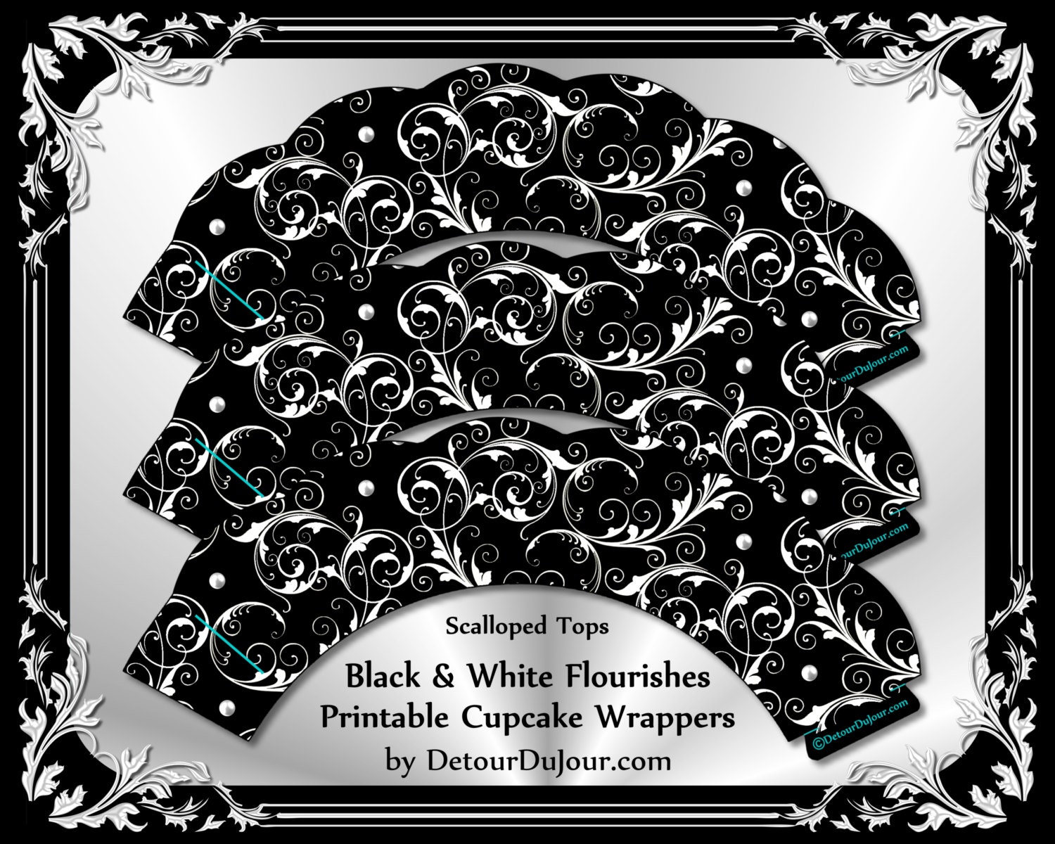 Black and White Cupcake Wrappers Elegant,Scalloped Edge Black Cupcake
