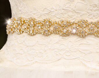 Gold Rhinestone Sash, Gold Belt, Thin Belt, Thin Sash, Gold Bridal Belt, Bling Gold Wedding Sash, Bling Belt, Unique Sash- DEIRDRE