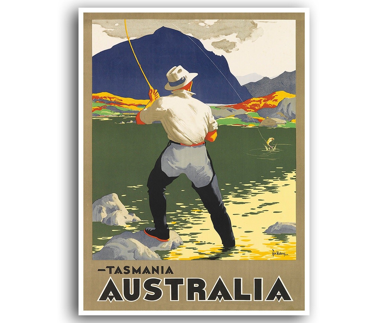 Australia Art Tasmania Travel Poster Fly Fishing Home Decor