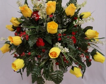 Cemetery Vase Two Dozen Yellow Rose Buds, Red Camellias, Cream Bellflowers, Small Red Flowers