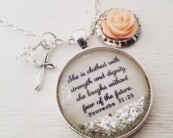 Proverbs 31 necklace, bible verse necklace, She is clothed in strength and dignity, cross necklace, Christian jewelry, Christian gift