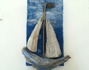 Driftwood Sailboat, Driftwood Wallhanging, Driftwood Boat, Blue Boat, Nautical Decor, Driftwood Decor, Reclaimed Wood, Recycled Wood Decor.