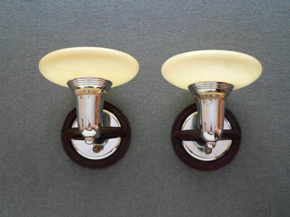 Antique Pair Of Art Deco Lightolier Slip Shade Sconces