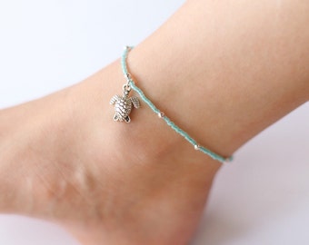 Turquoise Glass Beaded Silver Sea Turtle Anklet