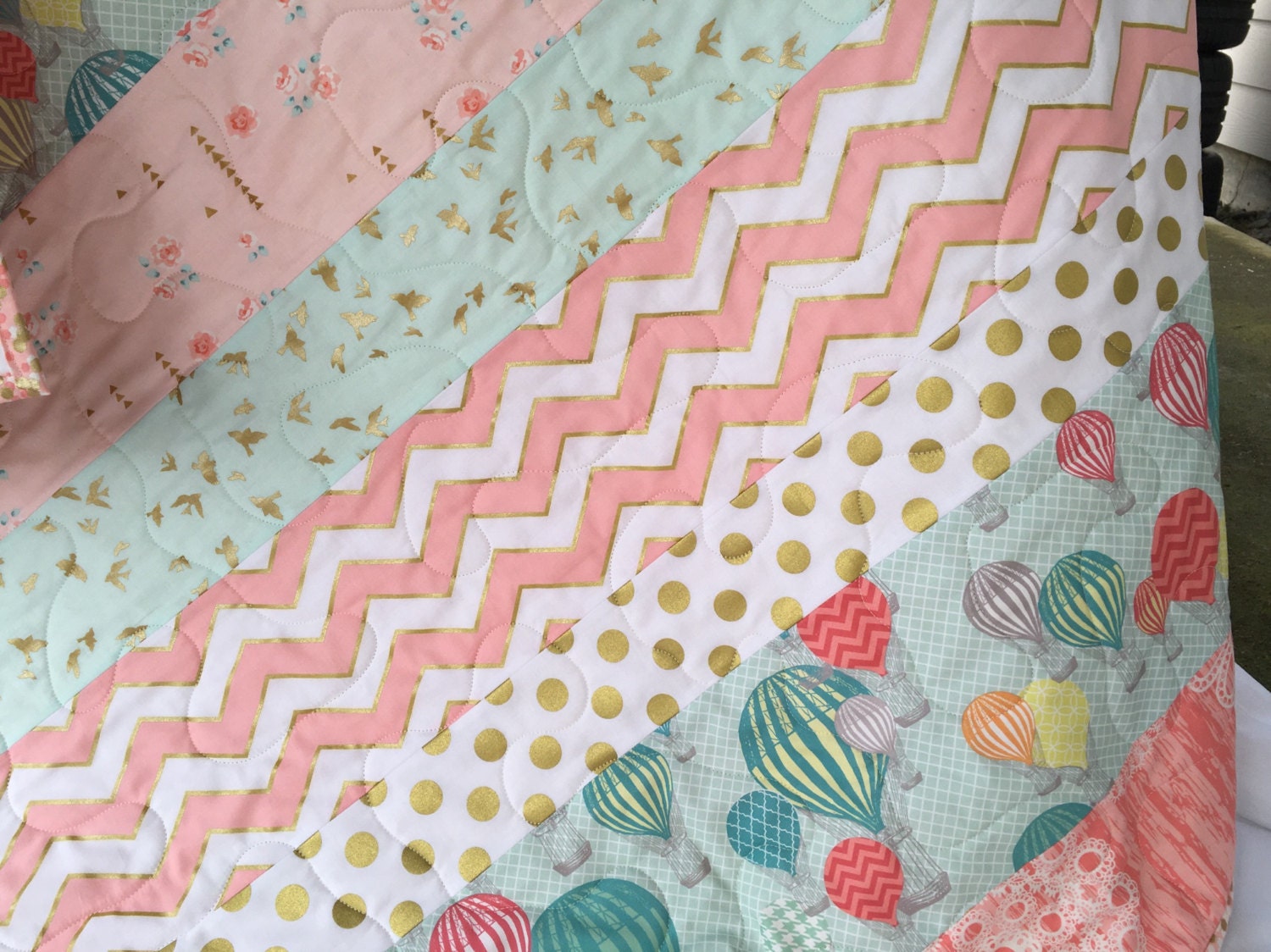 Balloon baby quilt hot air balloons chevrons by QuiltsbyJosephine
