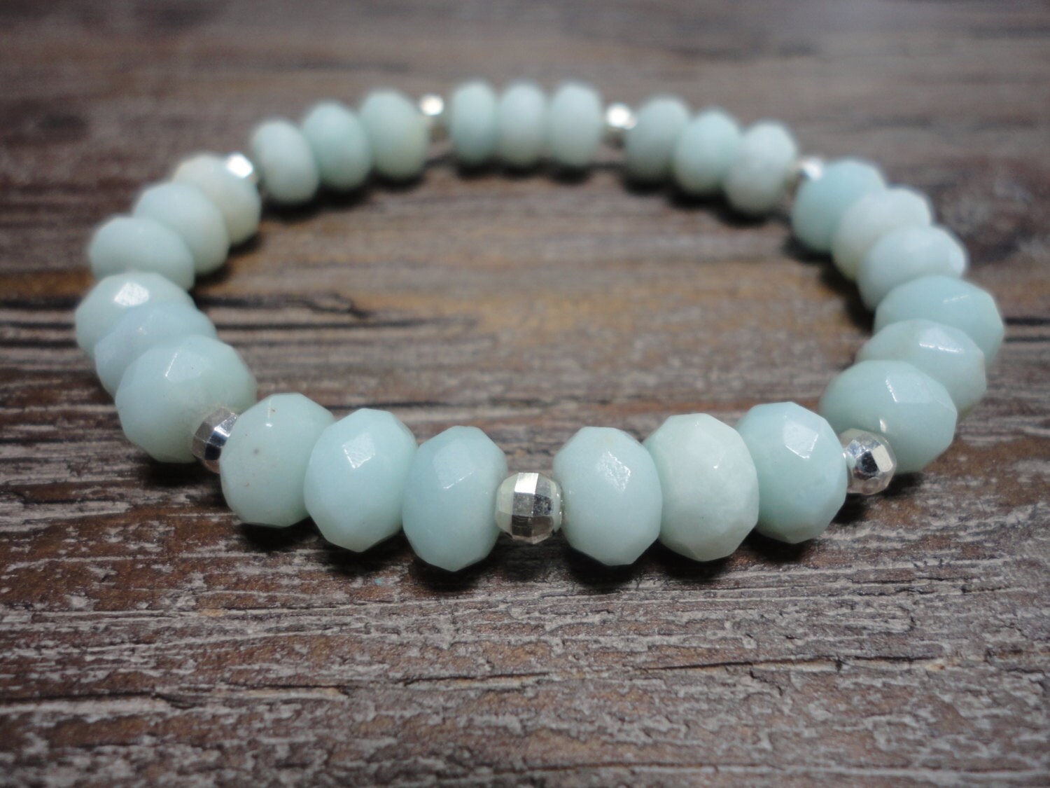 Amazonite Gemstone Stacking Bracelet with Sterling Silver Faceted Beads/Pale Aqua/Light Blue/Sterling Silver
