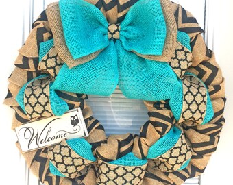 Burlap Wreath - Black and Natural Chevron - Jade Wreath - Home Decor - Front Door Wreath - All Year Wreath - Winter Wreath - Everyday Wre