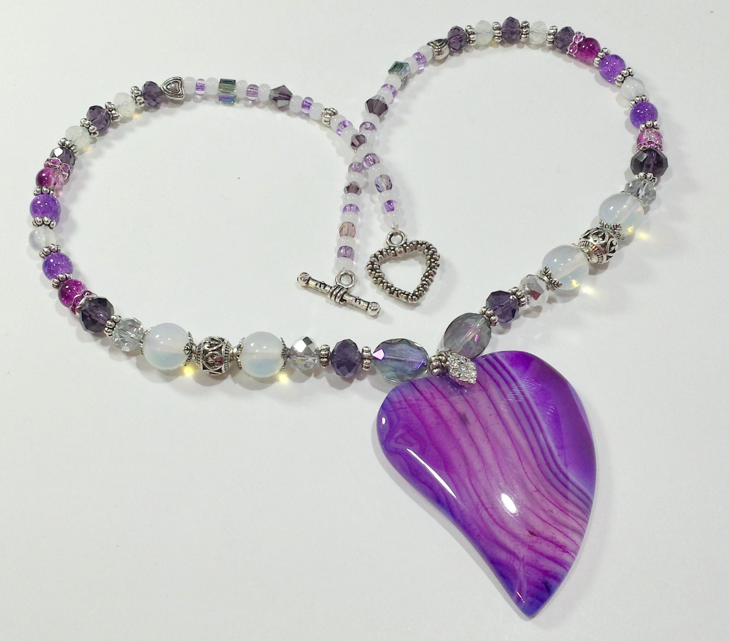 Purple Pendant Necklace Heart shaped Stone agate purple