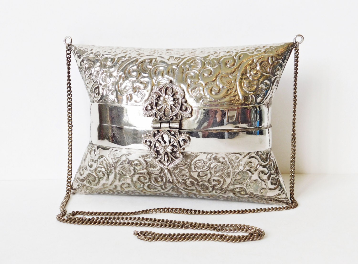 Vintage 1970's Silver Repousse Pillow Purse with Ornate