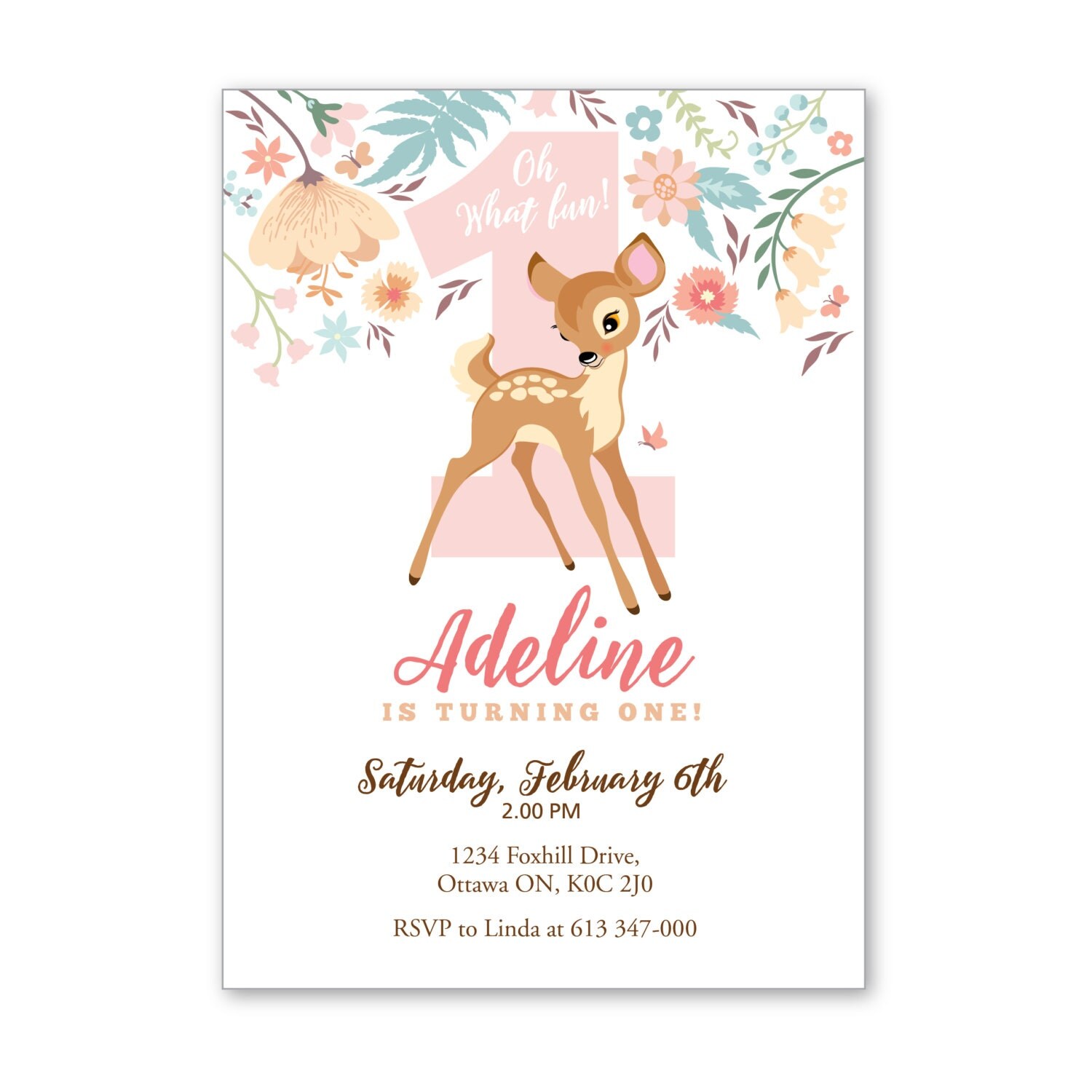 Baby Deer First Birthday Party Invitation, Printable ...