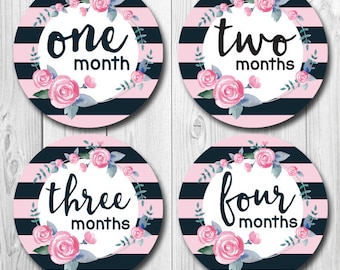 FREE GIFT Black and Pink Monthly Baby Stickers, Bodysuit Stickers, Trendy, Baby Girl Month Stickers, New Mom Gift, floral Stickers