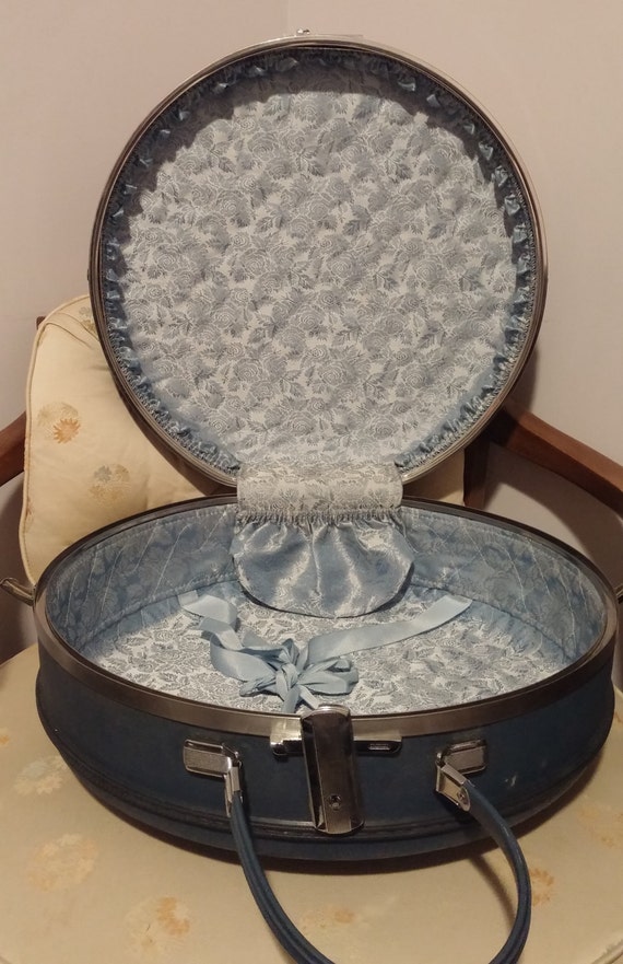 on SALE Now vintage blue round suitcase train hat case