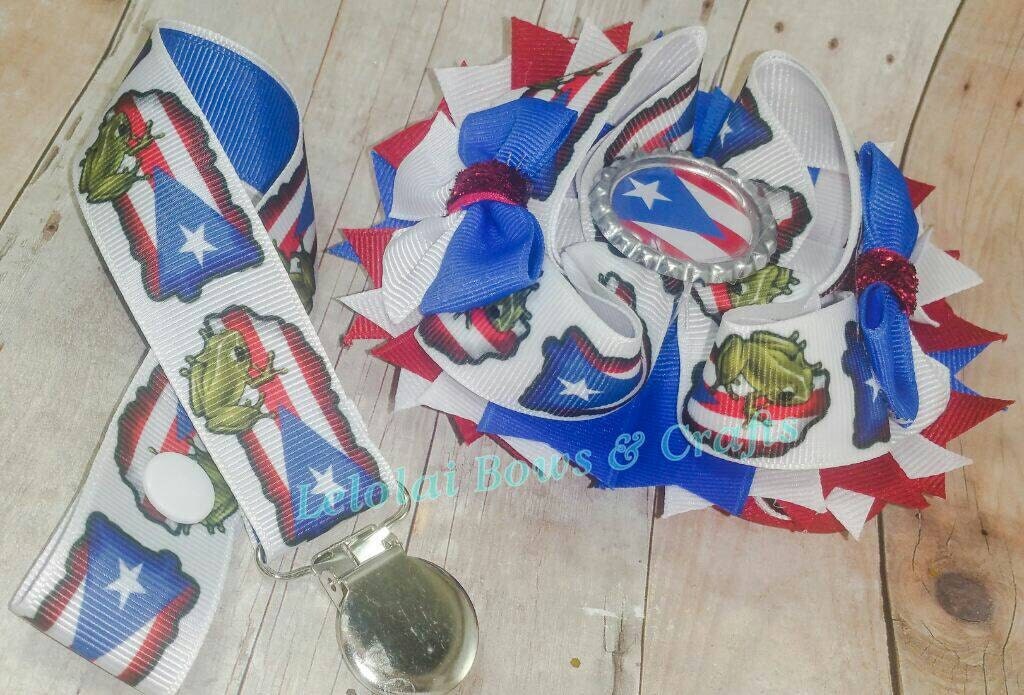 Bow and pacifier clip set Puerto Rico inspired grossgrain
