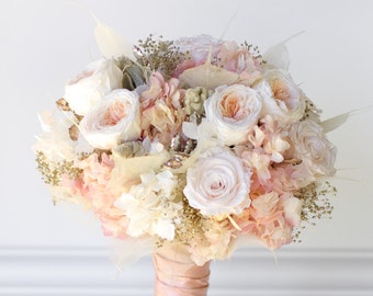 Rose Gold Bridal Bouquet, Preserved flowers not dried flowers. Pink and white roses, hydrangea, gold babies breath, matching bridesmaids.