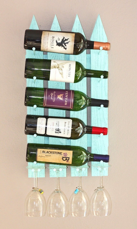 Wall Wine Rack 5 Bottle 4 Glasses Picket Fence by AdliteCreations