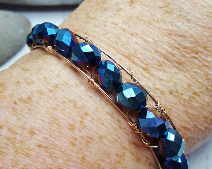 Rose Gold Bridal Jewelry ~ 50th Anniversary, Birthday Gift For Wife ~ Rose Gold Wire Cuff ~ Titanium Blue Crystals & 14k Rose Gold Wire