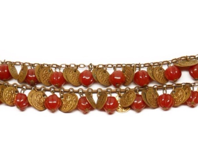 Storewide 25% Off SALE Antique Bronze Tone Metal Carnelian Beaded Middle Eastern Bracelet Featuring Moroccan Belly Dancing Style Design