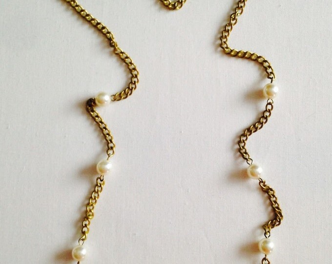 Storewide 25% Off SALE Vintage Gold Tone Chain Link Faux Pearl Beaded Designer Necklace Featuring Mid Century Style Design