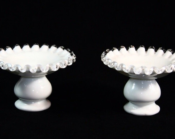 Storewide 25% Off SALE Vintage Fenton Silver Crested White Milk Glass Candle Holder Set Featuring Clear Ruffled Design
