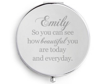 Compact Mirror, Bridesmaids' Gifts, Engraved, Personalized, Silver, Custom Name compact, wedding, keepsake