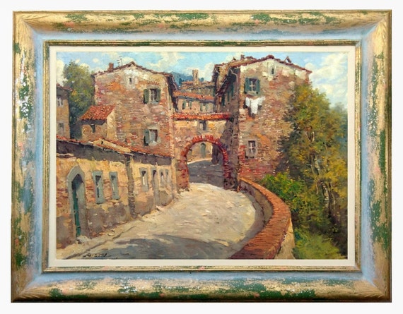 Old vintage Italian painting Tuscany village alley by Modiarte