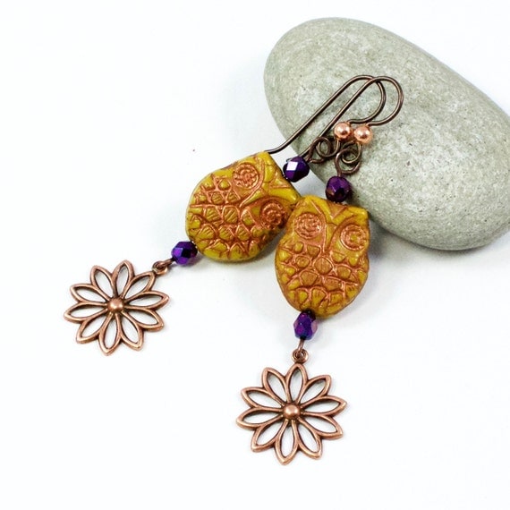 Owl Earrings, Orange Owl Earrings, Mustard Orange Earrings, Copper Owl Earrings, Owl Flower Earrings, Solana Kai Designs, Portland Oregon