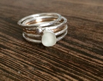 Small Mini Eco Sea Glass Ring Bezel in Silver Sea Glass