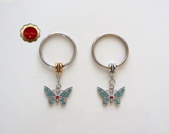 Teal & Red Rhinestone Butterfly Keychain, Butterfly Key Ring, Butterfly Charm Keychain, Rhinestone Bling Keychain