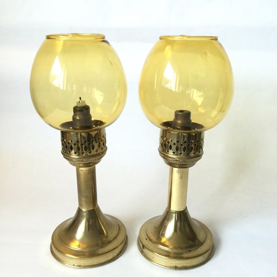 Candle Lamps With Amber Glass Shades Brass Candlesticks