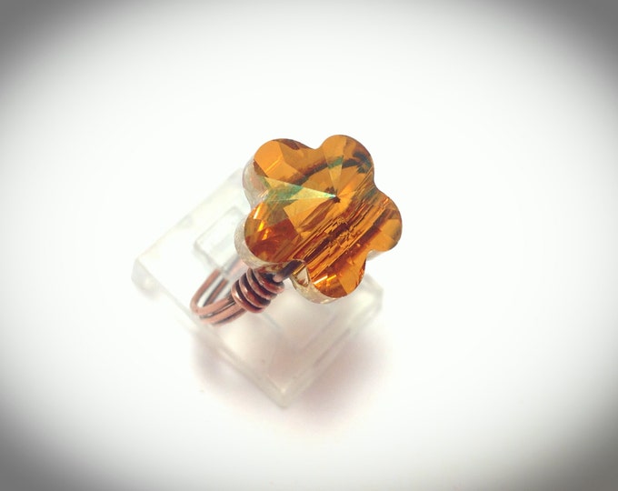 Crystal flower ring, Copper wire wrapped ring with Swarovski Crystal in Amber