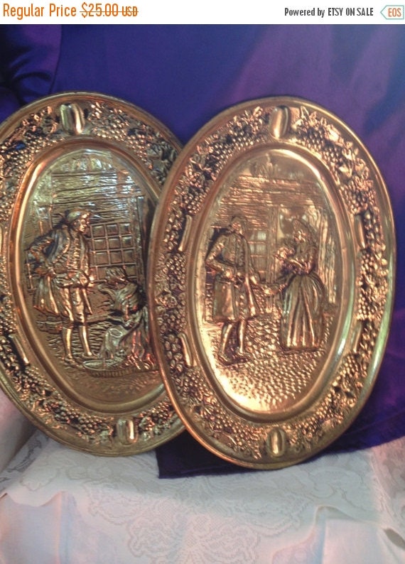 ELPEC Oval Wall Hangings, Brass, Embossed, Colonial Street Vendor