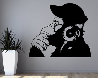 Banksy Vinyl Wall Decal Rock Monkey With Headphones Listening to Music in Earphones ,funny wall decal for kid's bedroom wall decal @130
