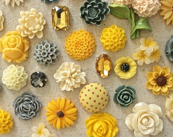 Yellow Ivory Gray Cork Board Thumbtacks, Mix Flower Pushpins Set, Office Push Pin Gift Set, Beautiful Thumbtack Set, Gold Pins, Strong Tacks