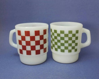 Fire King Checkered Mugs, Red and Green