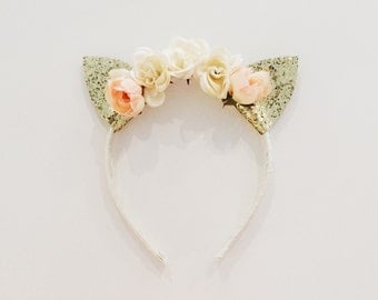 Floral Gold Kitten Ears Headband // Cat Ears