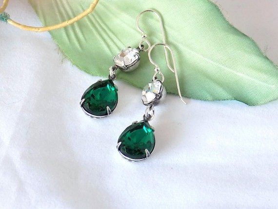 Emerald Green Earrings Swarovski Crystal Earrings Sterling 6285