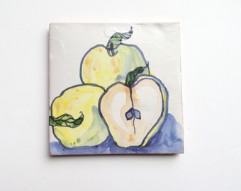 Ceramic Wall Tile ~Ceramic ~Apple Ceramic Tile ~trivet ~Apples ~Decorative Decor ~Majolica ~Handmade ~Ceramic decor ~kitchen tile ~golden