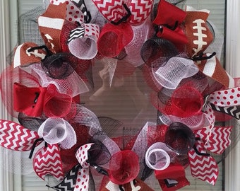 Football Wreath, Deco Mesh Wreath, Mesh Wreath, Ribbon Wreath, Red Black White Wreath, Basketball Wreath