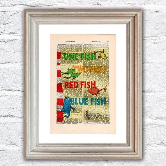 One Fish Two Fish Print Book Cover on a vintage by CartabanCards