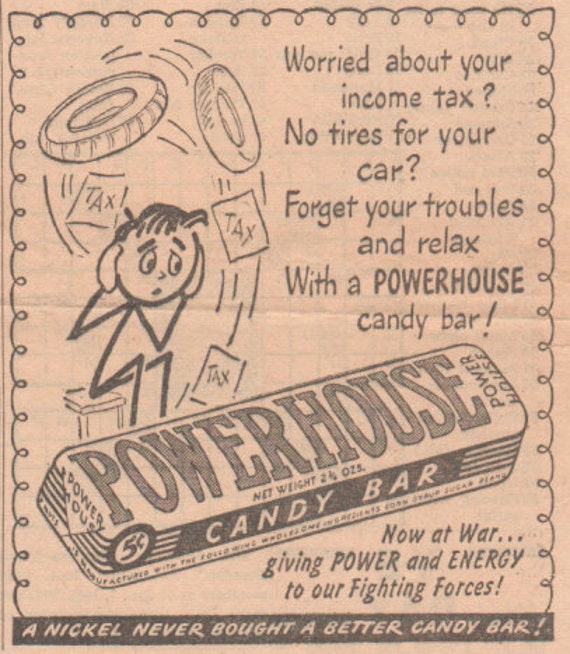 Powerhouse Candy Bar Ad 1945 WW 2 Matted Ad Unique Home