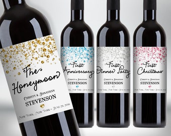 Custom "First" Marriage Milestones Wine Bottle Label Set - Newlyweds Gift - Confetti Glitters - DIY Print, Printable PDF #4CG