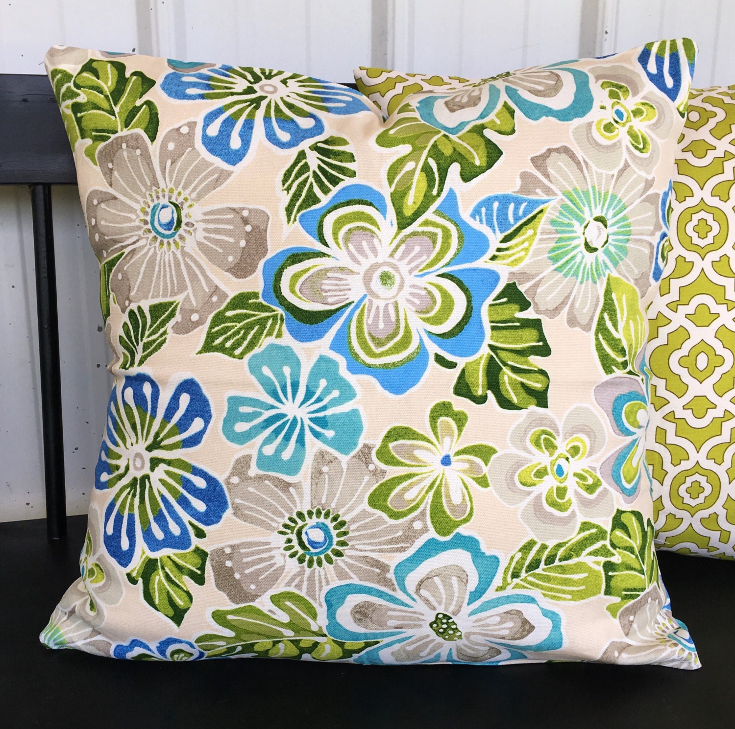 Pillow cover blue green and cream floral 20x20 by EclecticGypsyCo